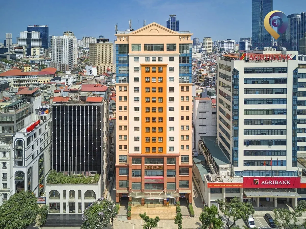 Toàn cảnh tòa nhà Harec Building tại Đống Đa, Hà Nội nhìn trực diện từ trên cao.